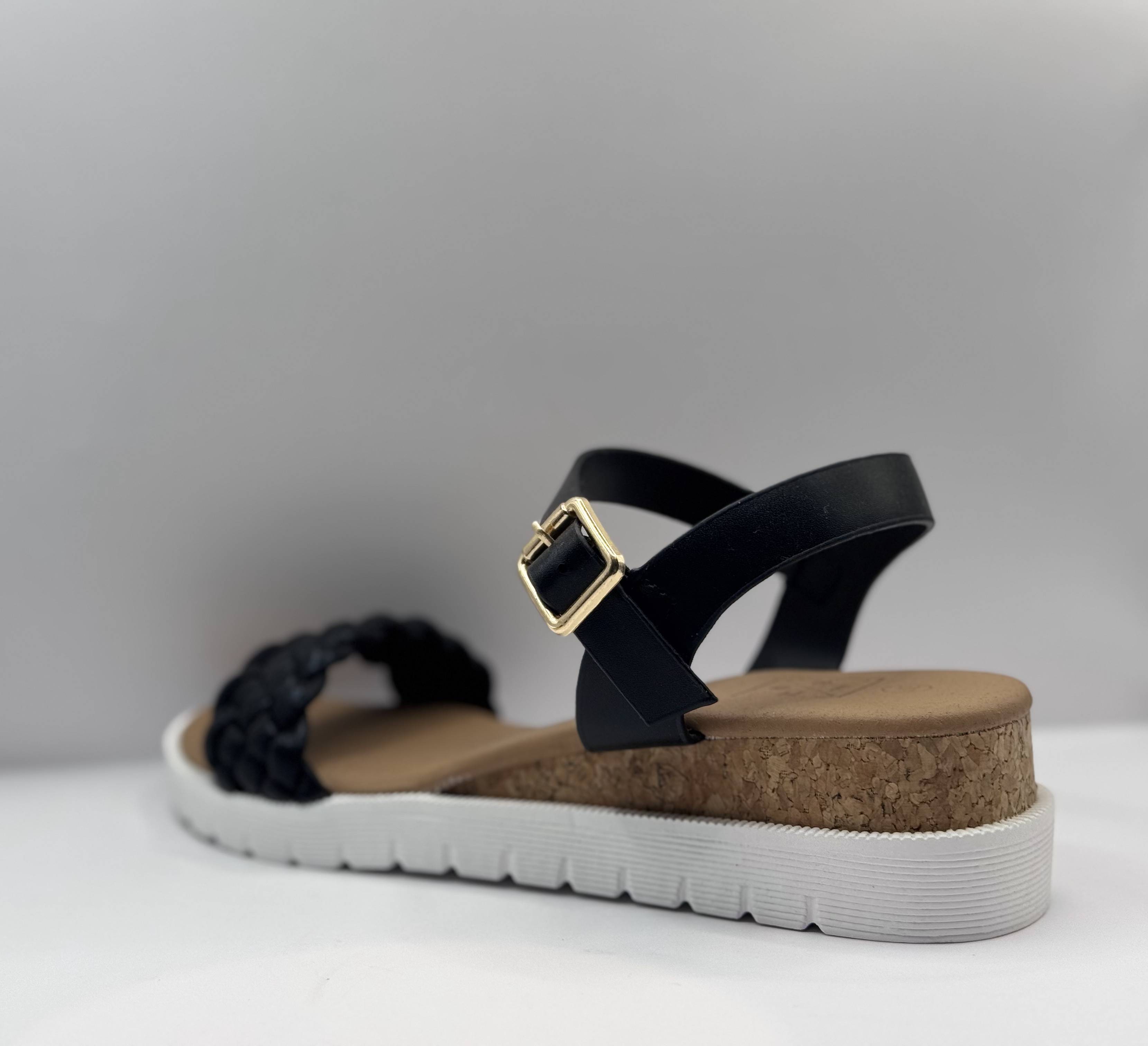 Bridge Dames Wedge Sandaal — Gevlochten Zwart & Kurk