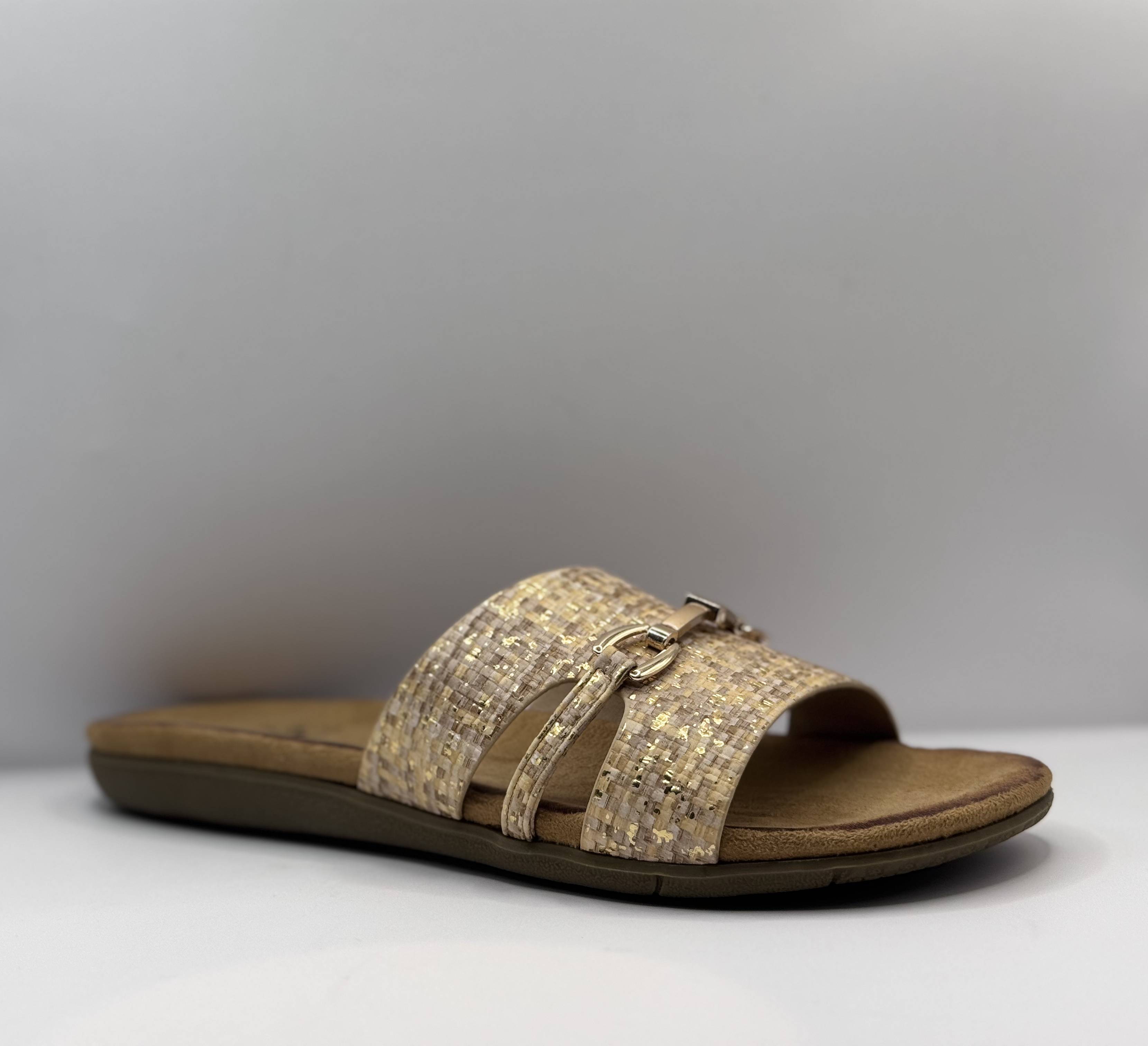 Bridge Dames Slide Sandaal — Raffia Goud & Horsebit