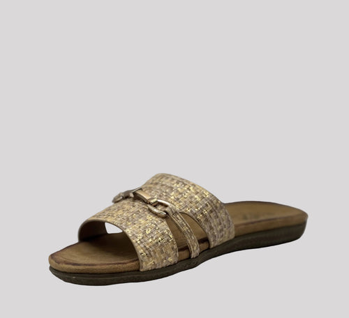Bridge Dames Slide Sandaal — Raffia Goud & Horsebit