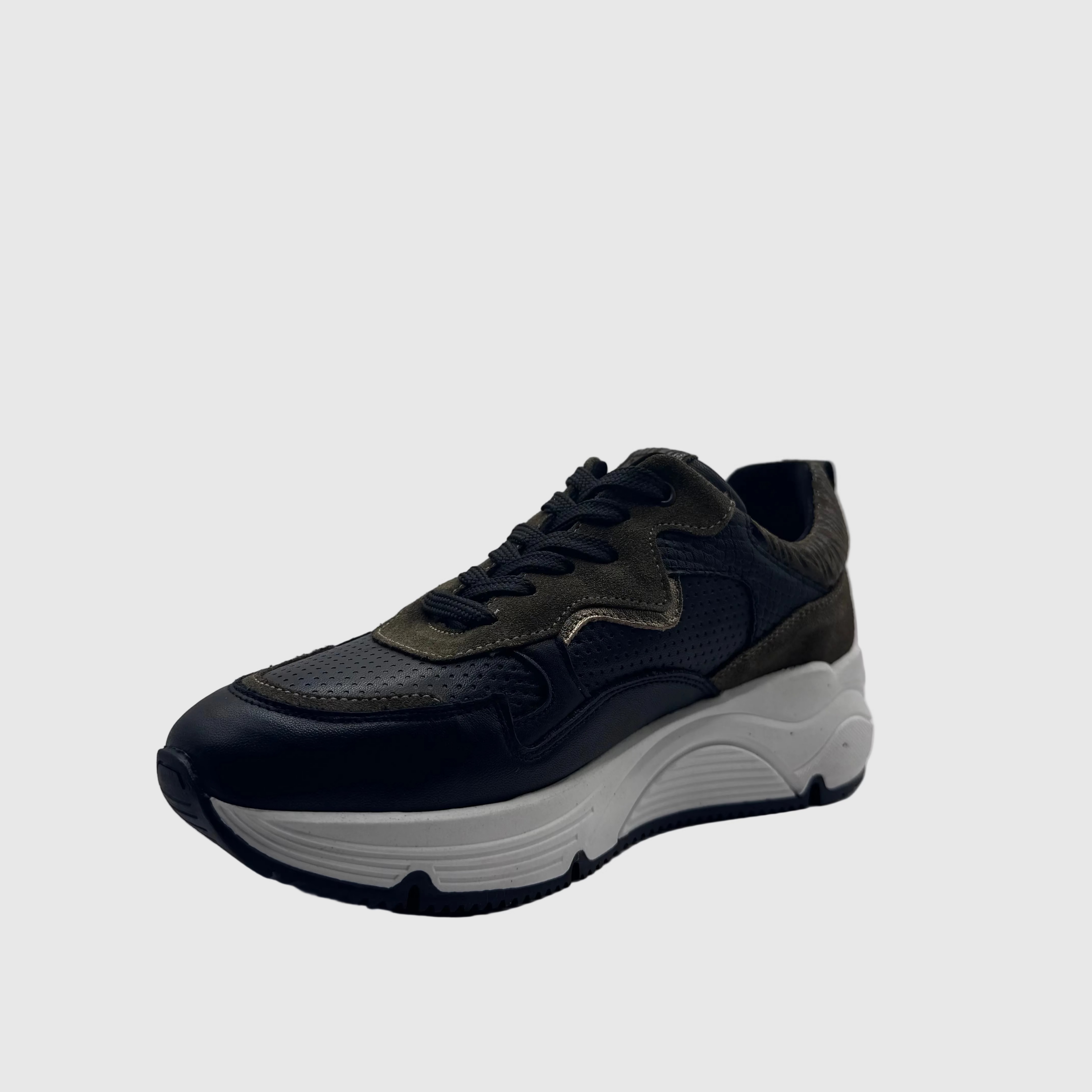 Bridge Dames Sneaker Zwart — Kaki Suède Panelen | Leer