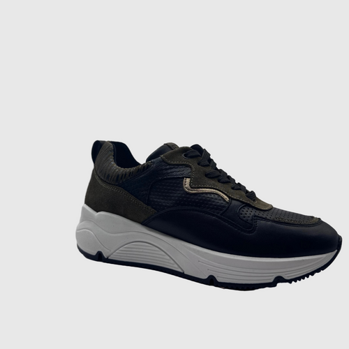 Bridge Dames Sneaker Zwart — Kaki Suède Panelen | Leer
