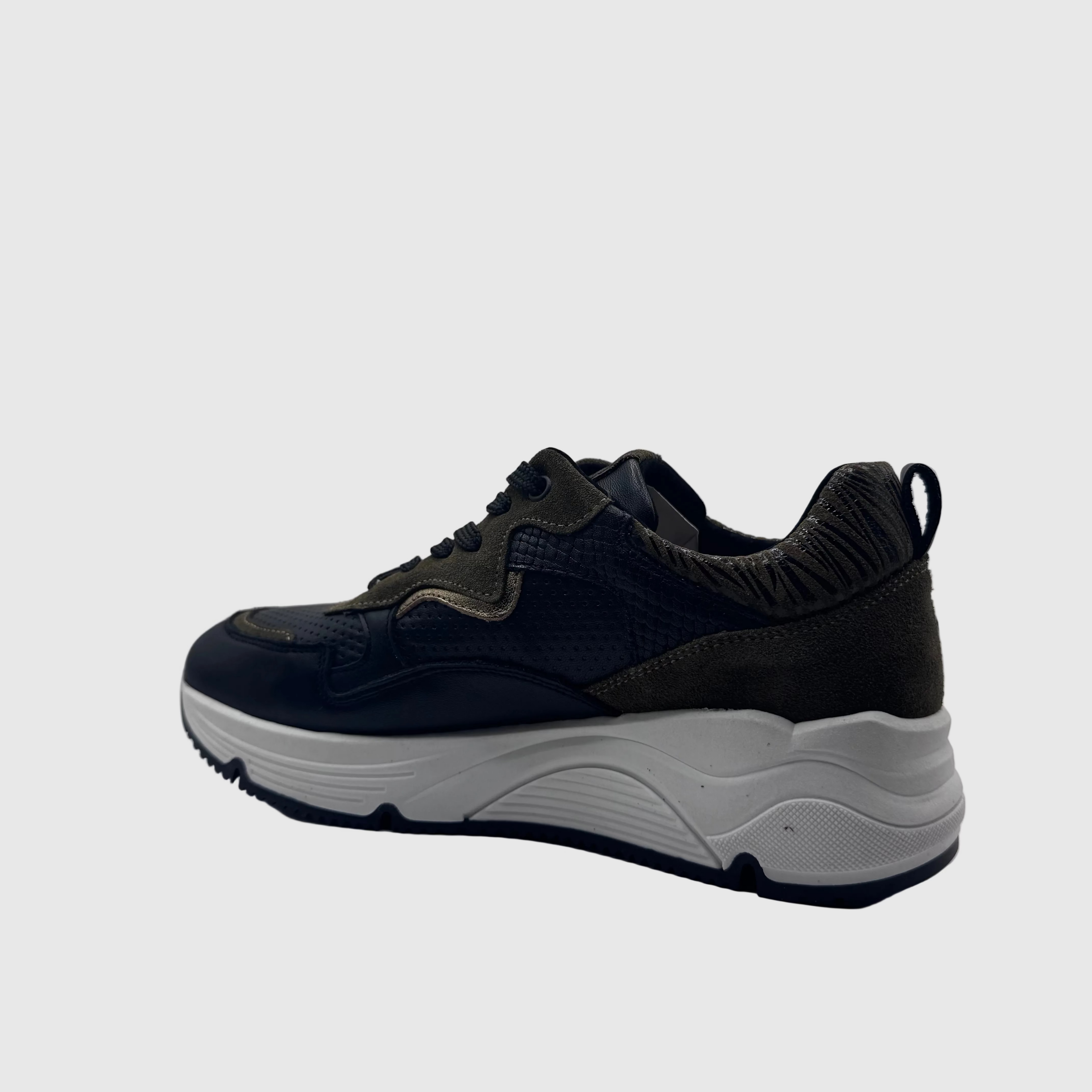 Bridge Dames Sneaker Zwart — Kaki Suède Panelen | Leer