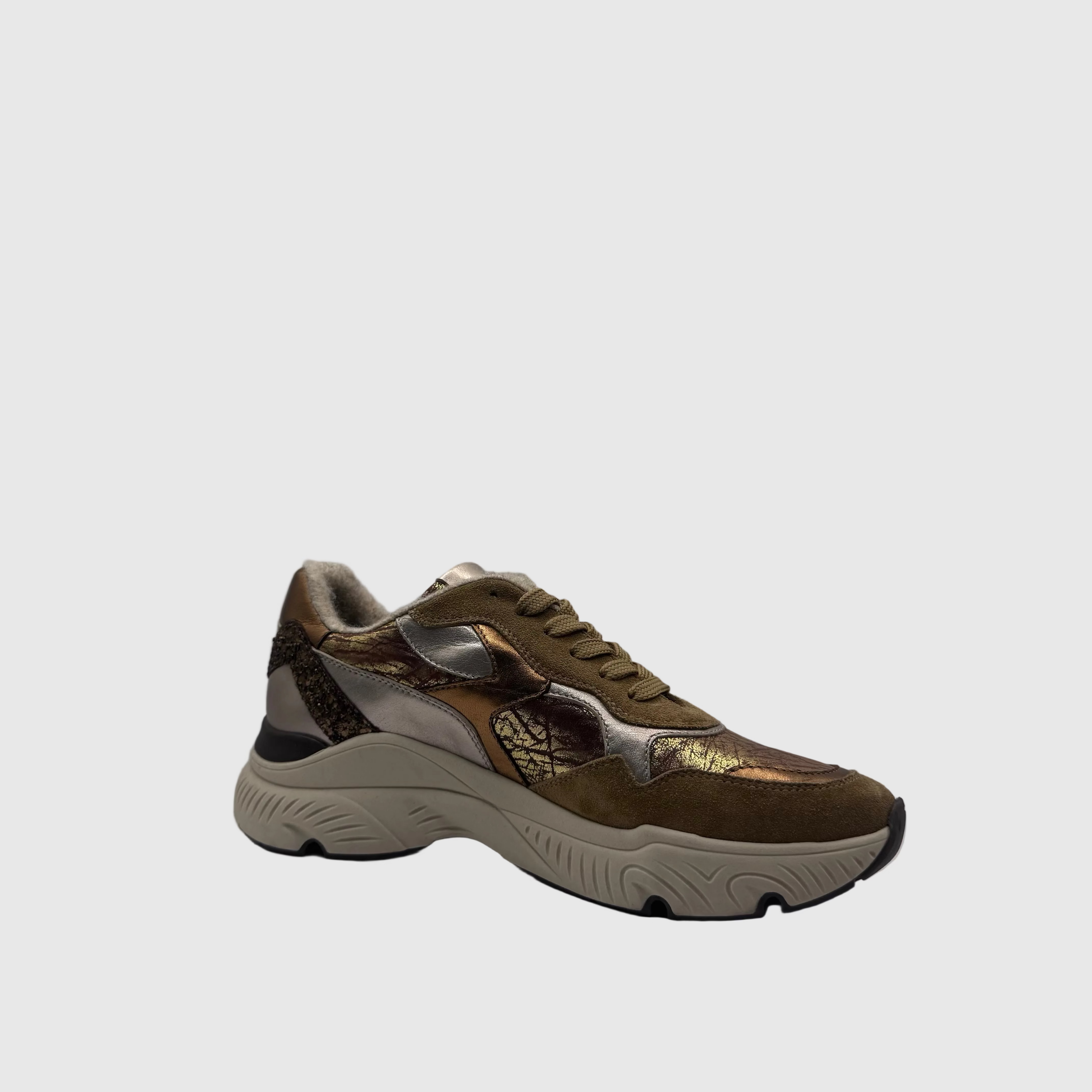 HIP Dames Sneaker Kaki — Metallic Print | Suède