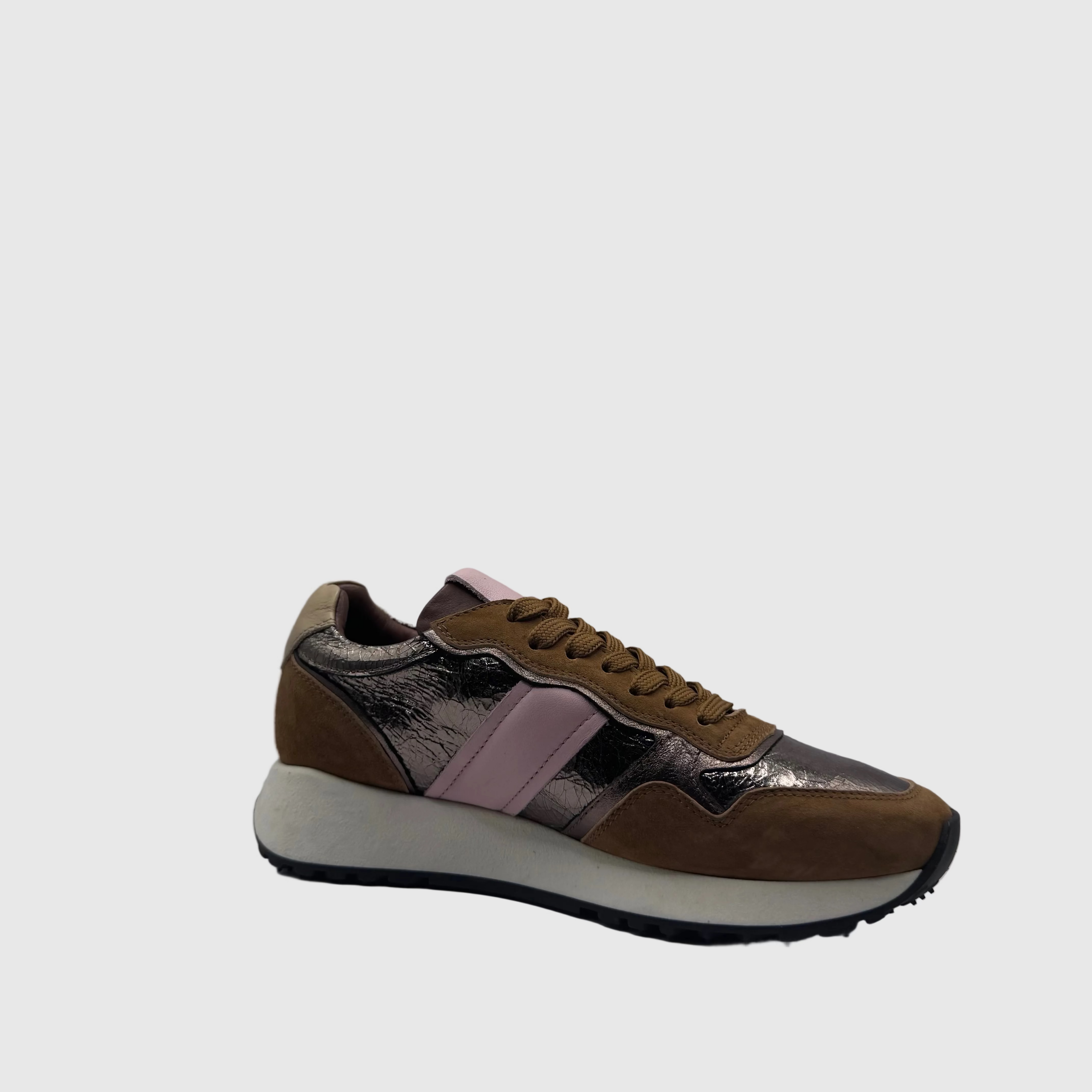 HIP Dames Sneaker Kaki — Roze Streep | Suède & Metallic