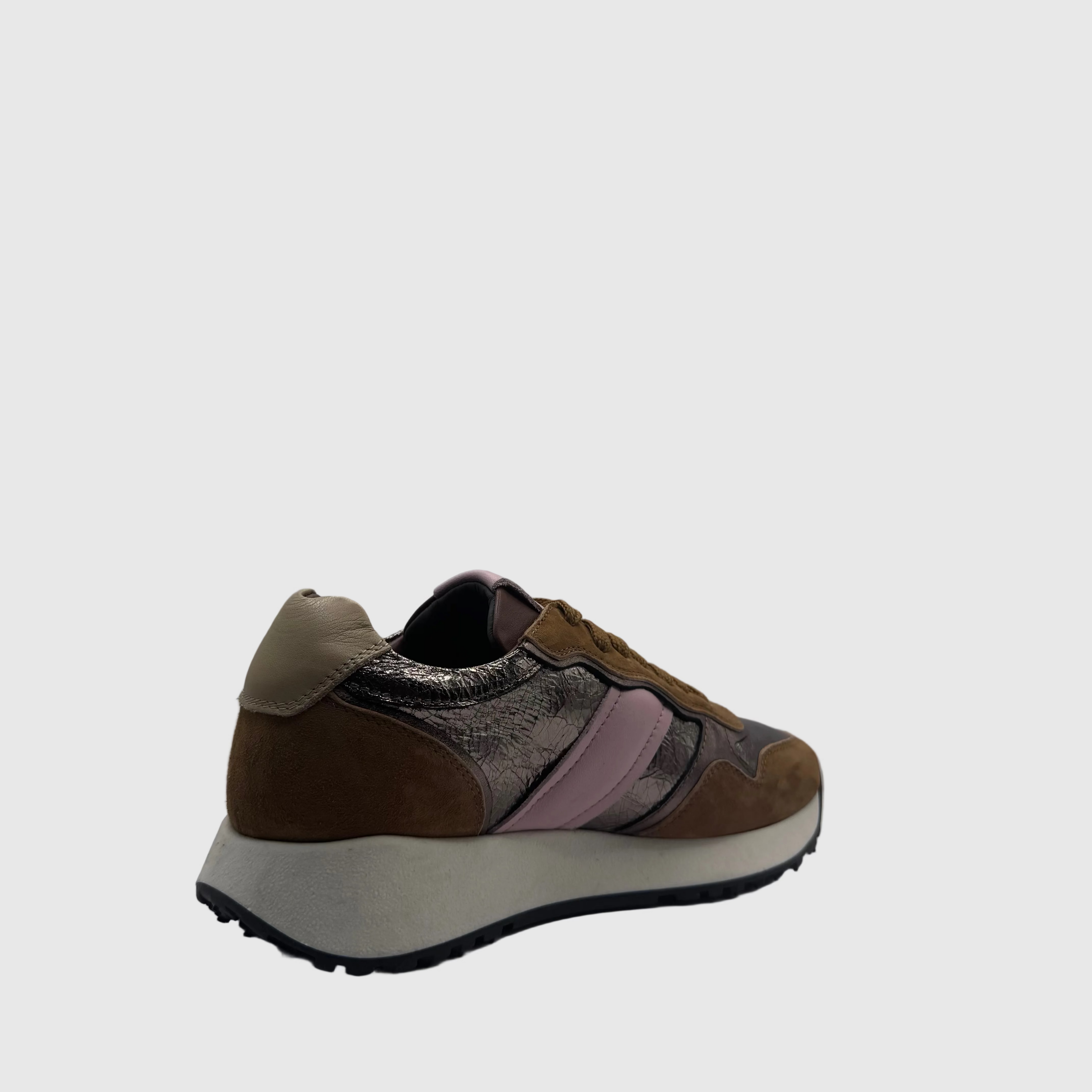 HIP Dames Sneaker Kaki — Roze Streep | Suède & Metallic
