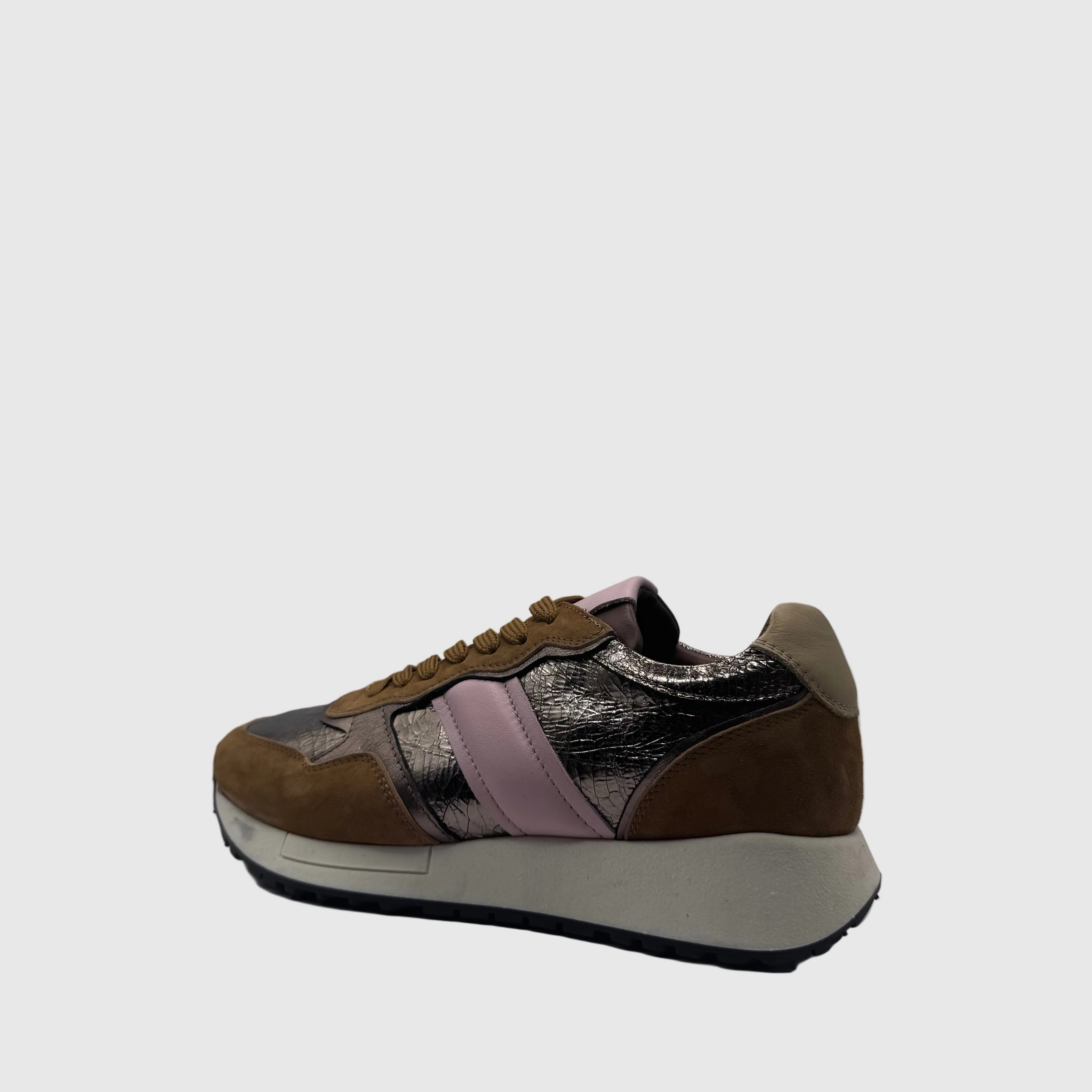 HIP Dames Sneaker Kaki — Roze Streep | Suède & Metallic